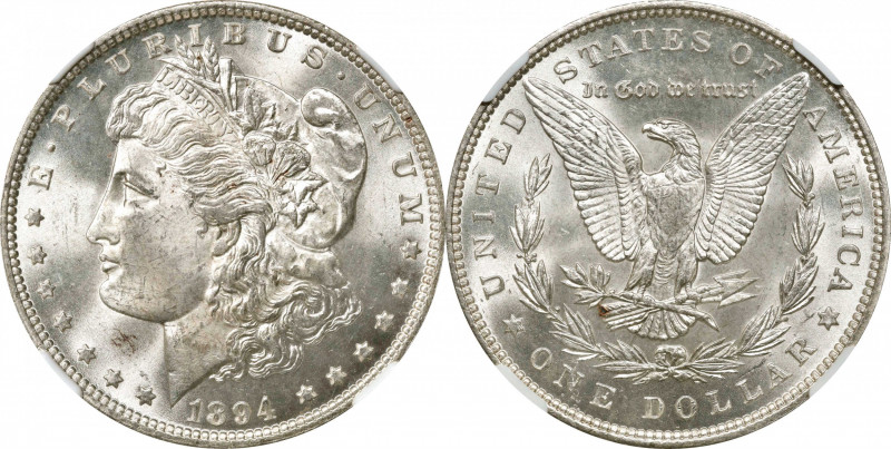 1894 Morgan Silver Dollar. MS-64 (NGC).
A true near-Gem example of this key dat...