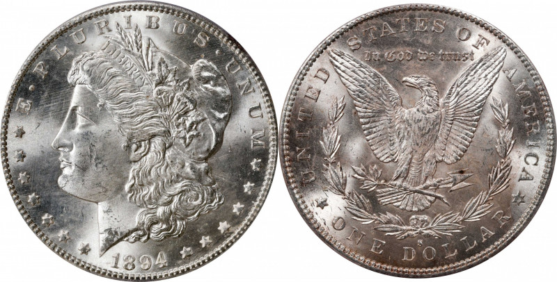 1894-S Morgan Silver Dollar. MS-64 (PCGS).
Light, golden-tan iridescence drifts...