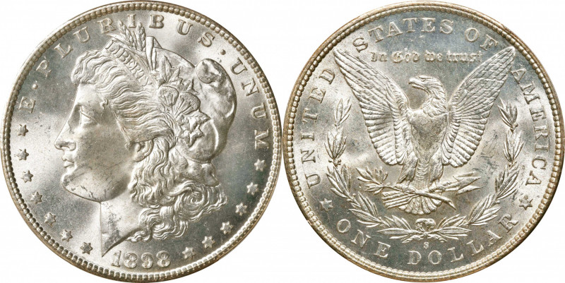 1898-S Morgan Silver Dollar. MS-65 (PCGS).
Exquisite Gem quality in the form of...