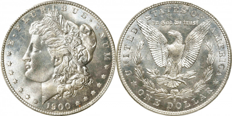 1900-S Morgan Silver Dollar. MS-66 (PCGS).
Brilliant surfaces display a modest ...