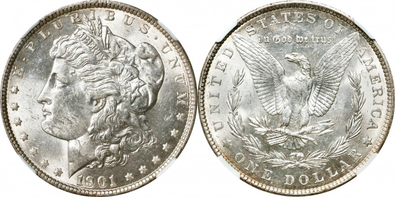 1901 Morgan Silver Dollar. MS-63 (NGC).
The obverse and reverse are bright and ...