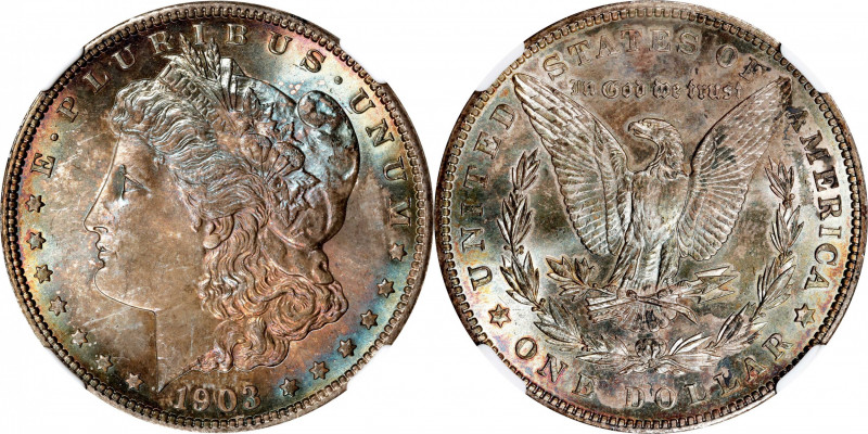 1903 Morgan Silver Dollar. MS-67 (NGC).
Delicate turquoise and green-gray tonin...