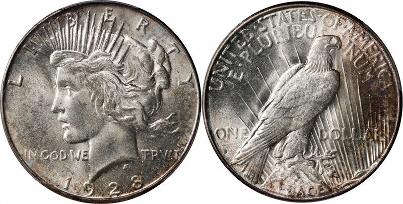 1928-S Peace Silver Dollar. MS-64 (PCGS).
Blushes of deep brick-red and russet-...