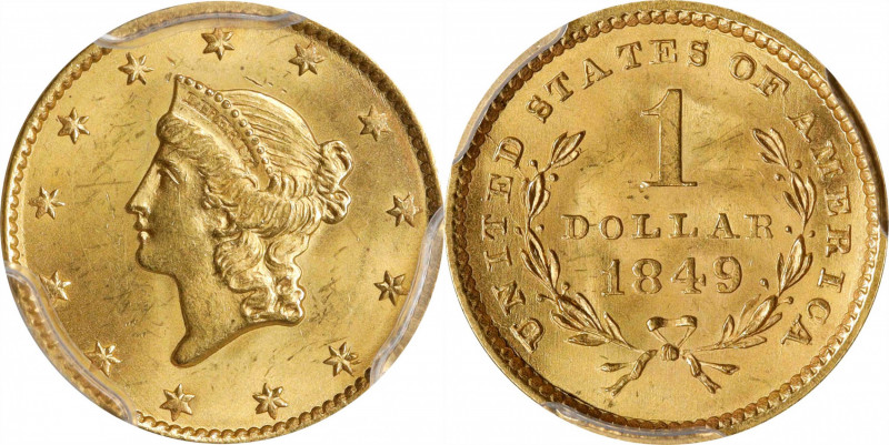 1849 Gold Dollar. Open Wreath, With L. MS-64 (PCGS).
A perennially popular issu...