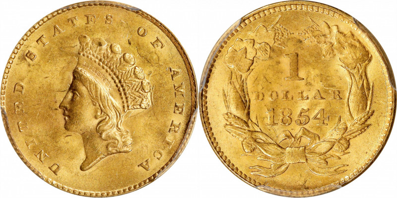 1854 Gold Dollar. Type II. MS-62+ (PCGS).
Overall boldly struck by the standard...