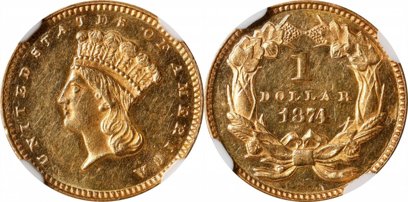 1874 Gold Dollar. MS-61 PL (NGC).
Brilliant and lustrous overall with some proo...