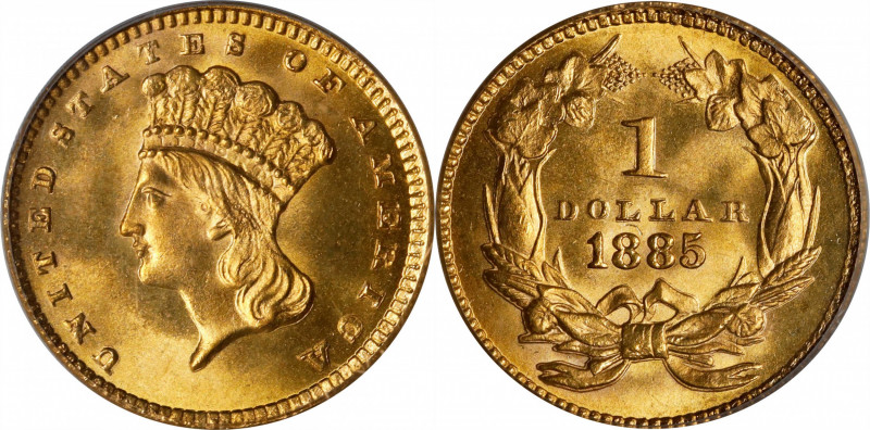 1885 Gold Dollar. MS-65 (PCGS).
Despite having a relatively generous mintage by...