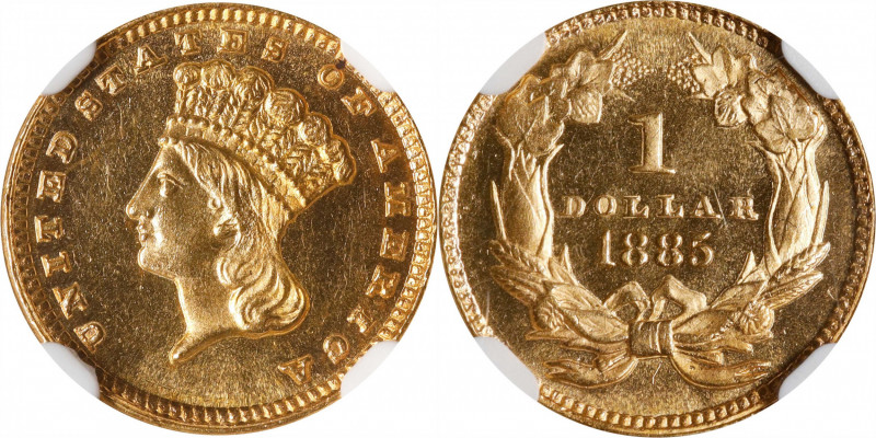 1885 Gold Dollar. MS-64 PL (NGC). CAC.
Frosty central devices contrast nicely w...