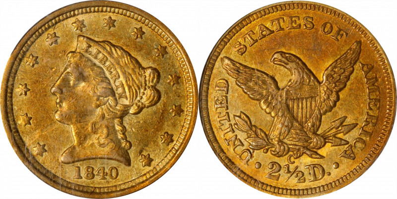 1840-C Liberty Head Quarter Eagle. Winter-1, the only known dies. AU-58 (NGC).
...