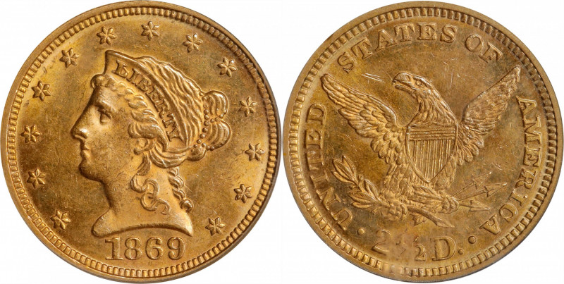 1869 Liberty Head Quarter Eagle. MS-62 (PCGS).
A highly lustrous, honey-gold sp...