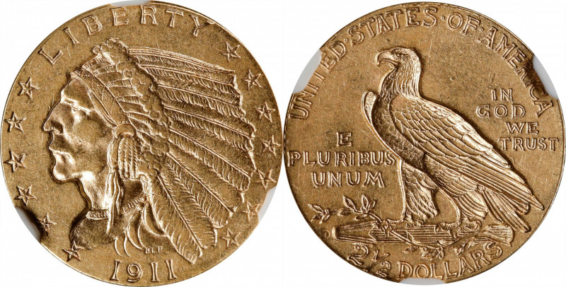 1911-D Indian Quarter Eagle. Strong D. AU-58 (NGC).
Sharply defined with handso...