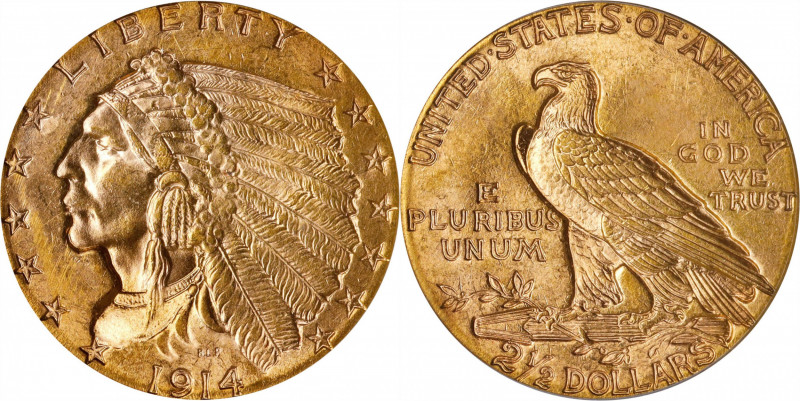 1914 Indian Quarter Eagle. MS-63 (PCGS).
The strike is razor sharp and there is...