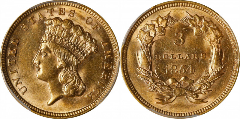 1854 Three-Dollar Gold Piece. MS-61 (PCGS).
Yellow-gold in color, with lustrous...