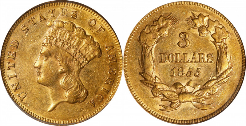 1855 Three-Dollar Gold Piece. AU-55 (PCGS).
Light honey-gold patina greets the ...