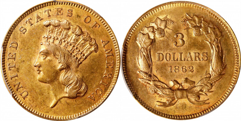 1862 Three-Dollar Gold Piece. AU-58 (PCGS). CAC.
Copper-gold surfaces exhibit l...