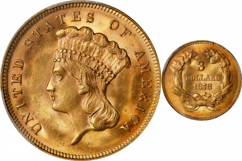 1878 Three-Dollar Gold Piece. MS-64 (PCGS).
This wholly original example displa...