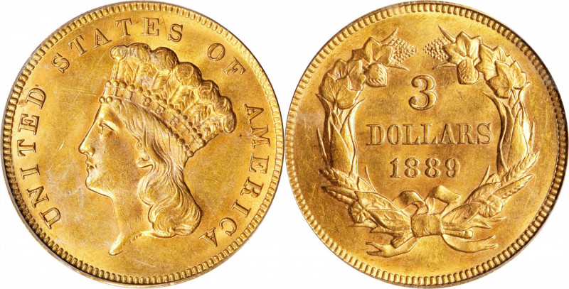 1889 Three-Dollar Gold Piece. MS-60 (PCGS).
A satin to softly frosted beauty wi...