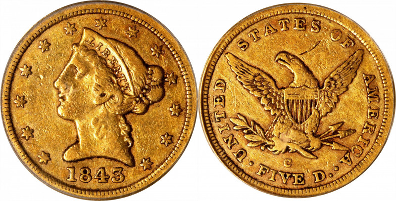 1843-C Liberty Head Half Eagle. Winter-2. VF-25 (PCGS).
This is a generally bol...