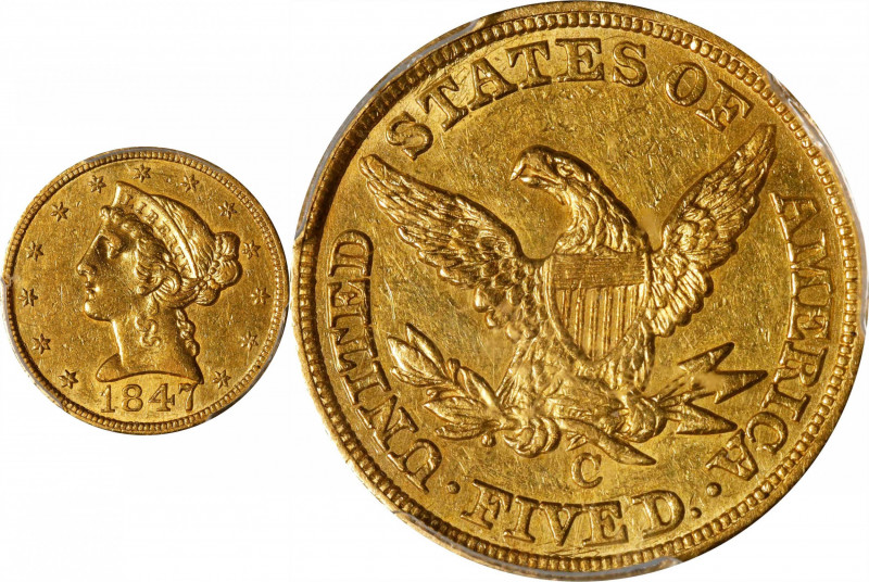 1847-C Liberty Head Half Eagle. Winter-1. AU-50 (PCGS).
The surfaces are a subt...