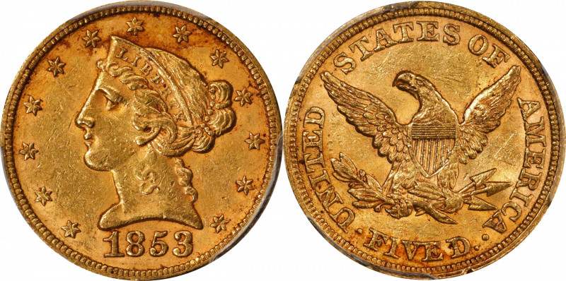 1853 Liberty Head Half Eagle. MS-61 (PCGS).
Glints of reddish-rose iridescence ...