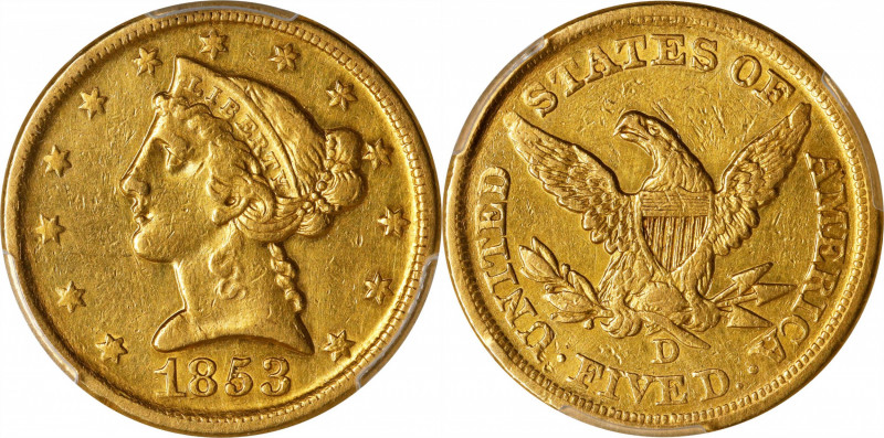 1853-D Liberty Head Half Eagle. Winter 34-Y. Large D. EF Details--Cleaned (PCGS)...