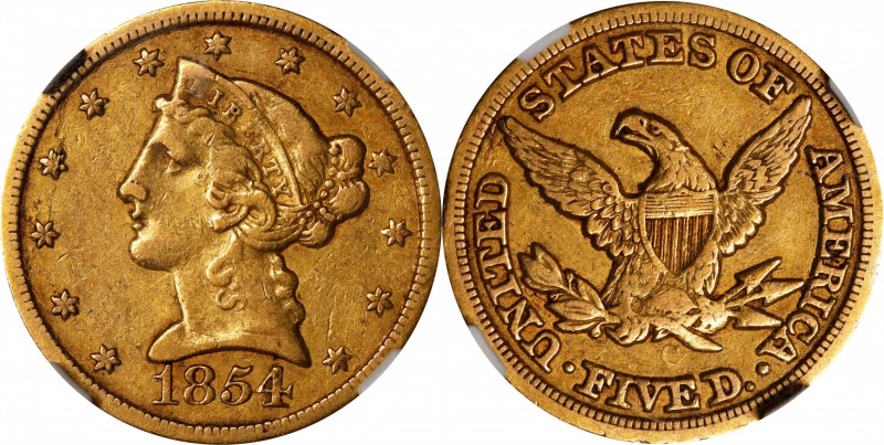 1854-C Liberty Head Half Eagle. Winter-2. VF-30 (NGC). CAC.
This honey-gold coi...