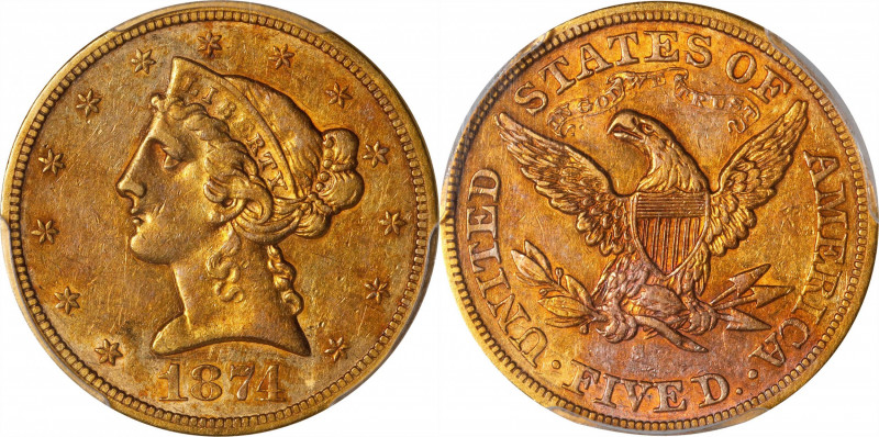 1874-S Liberty Head Half Eagle. Weak S. AU-53 (PCGS).
An uncommonly well define...