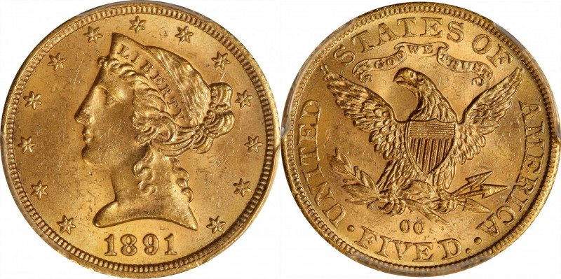 1891-CC Liberty Head Half Eagle. Winter 1-A. MS-64 (PCGS).
Satiny golden-rose s...