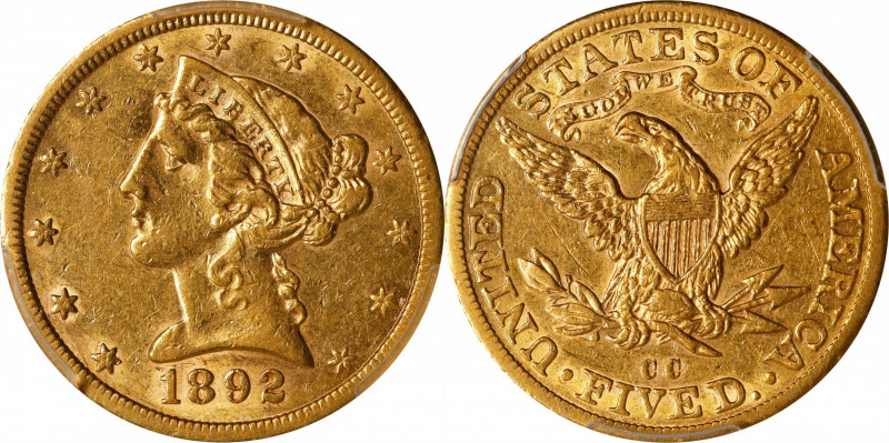 1892-CC Liberty Head Half Eagle. Winter-1, the only known dies. Die State I. AU-...