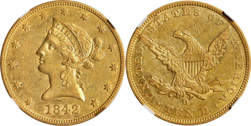 1842-O Liberty Head Eagle. Winter-1. AU-53 (NGC).
Soft green-gold surfaces exhi...