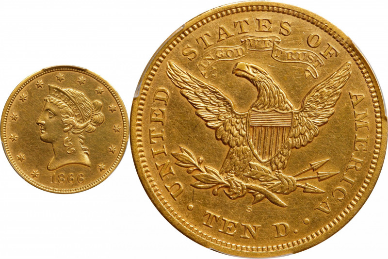 1866-S Liberty Head Eagle. Motto. AU Details--Cleaned (PCGS).
Attractive straw-...