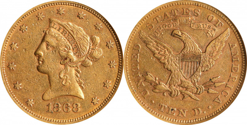 1868 Liberty Head Eagle. EF-45 (NGC).
An attractive reddish-honey example with ...