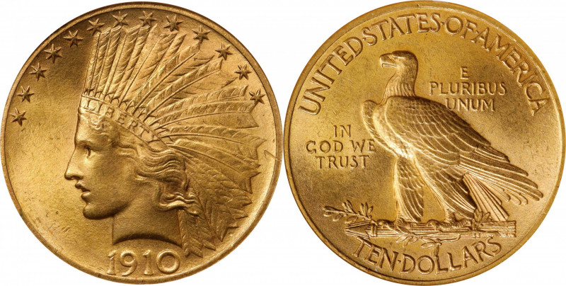 1910 Indian Eagle. MS-64 (NGC). OH.
Beautiful yellow-gold patina and bountiful ...