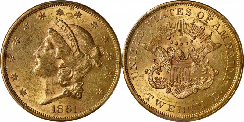 1861 Liberty Head Double Eagle. MS-61 (PCGS).
A handsome honey-orange and pale ...