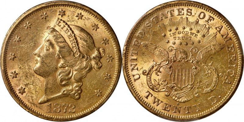 1872-S Liberty Head Double Eagle. MS-61 (PCGS).
Lustrous frosty surfaces are fu...