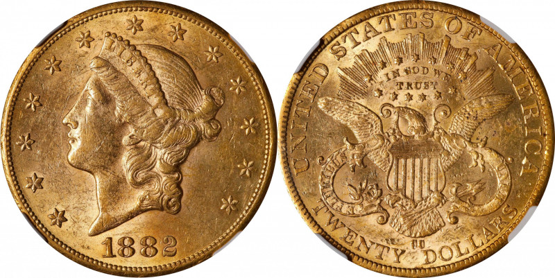 1882-CC Liberty Head Double Eagle. AU-58 (NGC).
A richly original orange-gold e...