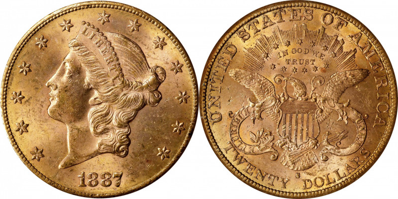 1887-S Liberty Head Double Eagle. MS-63 (ICG).
Gorgeous green-gold and golden-r...