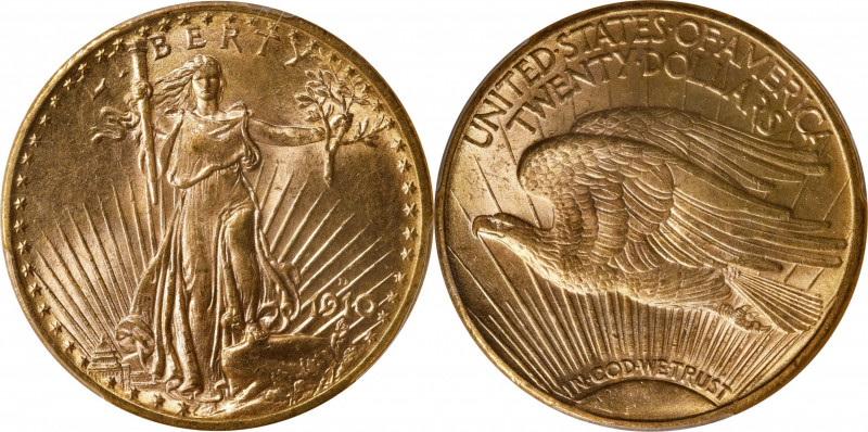 1910-D Saint-Gaudens Double Eagle. MS-65 (PCGS).
This lustrous yellow-gold Gem ...