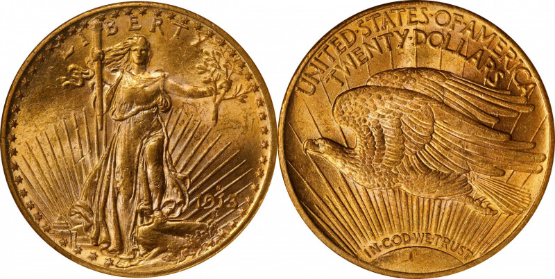 1913-S Saint-Gaudens Double Eagle. MS-62 (NGC).
Lustrous, frosty and sharply st...