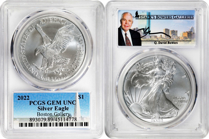 Lot of (3) Silver Eagles. Stack's Bowers Galleries Commemorative Label, Q. David...