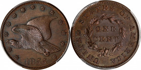 1855 Pattern Flying Eagle Cent. Judd-168 Original, Pollock-193. Rarity-4. Bronze. Plain Edge. Proof-63 BN (PCGS).
Obv: Thirteen peripheral stars surr...