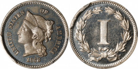 1868 Pattern Cent. Judd-608, Pollock-673. Rarity-4. Nickel. Plain Edge. Proof-64 Cameo (PCGS).
Obv: A bust of Liberty faces left with the legend UNIT...