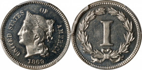 1869 Pattern Cent. Judd-666, Pollock-742. Rarity-5. Nickel. Plain Edge. Proof-64 (PCGS).
Obv: A bust of Liberty faces left with the legend UNITED STA...