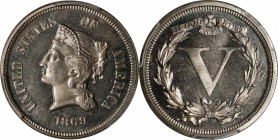 1869 Pattern Five Cents. Judd-684, Pollock-763. Rarity-5. Nickel. Plain Edge. Proof-65 (PCGS).
Obv: A bust of Liberty faces left with the legend UNIT...