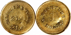 Undated (1842-1852) August Bechtler $1. K-24. Rarity-3. 27.G., 21.C. Plain Edge. AU Details--Bent (PCGS).
Light olive-gold patina adorns both sides o...