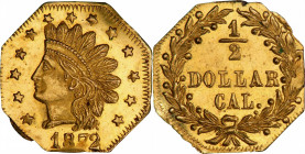1872 Octagonal 50 Cents. BG-938. Rarity-6-. Indian Head. MS-64 PL (PCGS).
Splendid bright gold surfaces are nicely contrasted between reflective fiel...