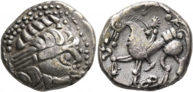 MIDDLE DANUBE. Uncertain tribe. 2nd-1st century BC. Tetradrachm (Silver, 23 mm, 12.06 g, 8 h), 'Kapostal' type. Celticized laureate head of Zeus to ri...
