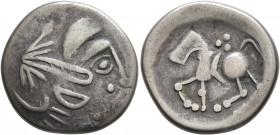 LOWER DANUBE. Uncertain tribe. Circa 2nd century BC. Tetradrachm (Silver, 22 mm, 7.29 g, 11 h), 'Sattelkopfpferd' type, imitating Philip II of Macedon...