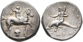 CALABRIA. Tarentum. Circa 280-272 BC. Didrachm or Nomos (Silver, 18 mm, 6.57 g, 11 h), Zo..., Zalo... and Anth..., magistrates. Nude youth riding hors...