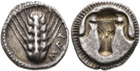 LUCANIA. Metapontion. Circa 470-440 BC. Triobol (Silver, 12 mm, 1.34 g, 6 h). ΜΕΤ Ear of barley with five grains. Rev. Incuse boukranion. HN Italy 148...
